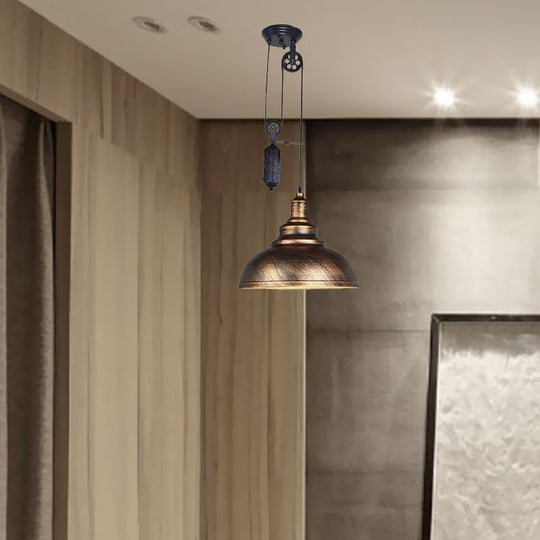 Lampe suspendue rustique industrielle en forme de dôme avec poulie - 1 luminaire en métal marron/gris pour l'éclairage du salon