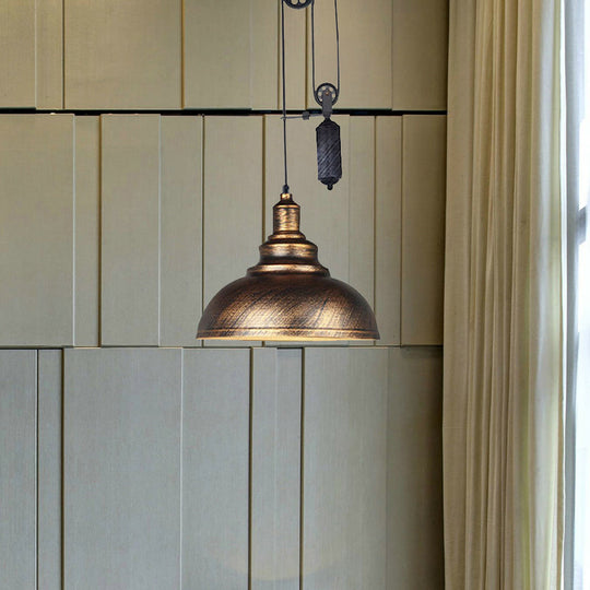 Rustic Industrial Dome Pendant Lamp With Pulley - 1 Light Brown/Grey Fixture For Living Room