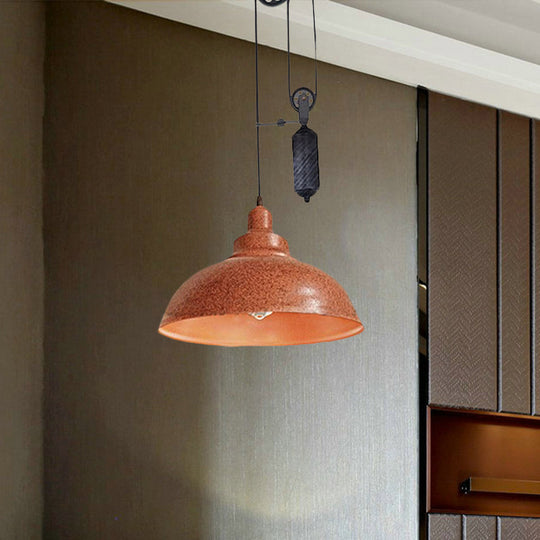 Rustic Industrial Dome Pendant Lamp With Pulley - 1 Light Brown/Grey Fixture For Living Room