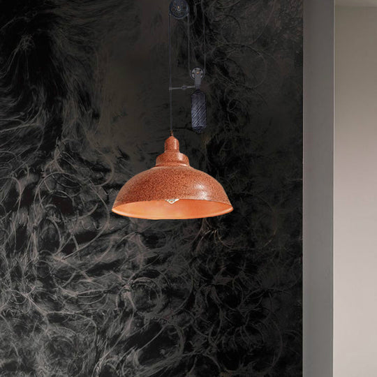 Rustic Industrial Dome Pendant Lamp With Pulley - 1 Light Brown/Grey Fixture For Living Room