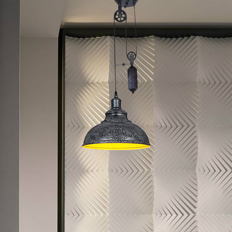 Lampe suspendue rustique industrielle en forme de dôme avec poulie - 1 luminaire en métal marron/gris pour l'éclairage du salon