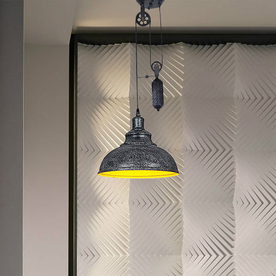 Lampe suspendue rustique industrielle en forme de dôme avec poulie - 1 luminaire en métal marron/gris pour l'éclairage du salon