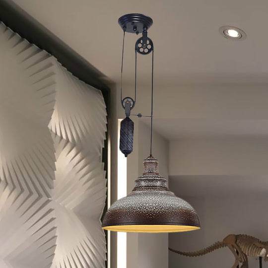 Rustic Industrial Dome Pendant Lamp With Pulley - 1 Light Brown/Grey Fixture For Living Room