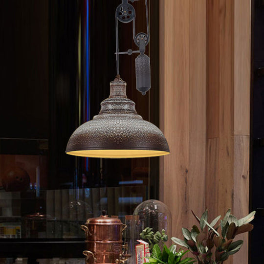 Rustic Industrial Dome Pendant Lamp With Pulley - 1 Light Brown/Grey Fixture For Living Room
