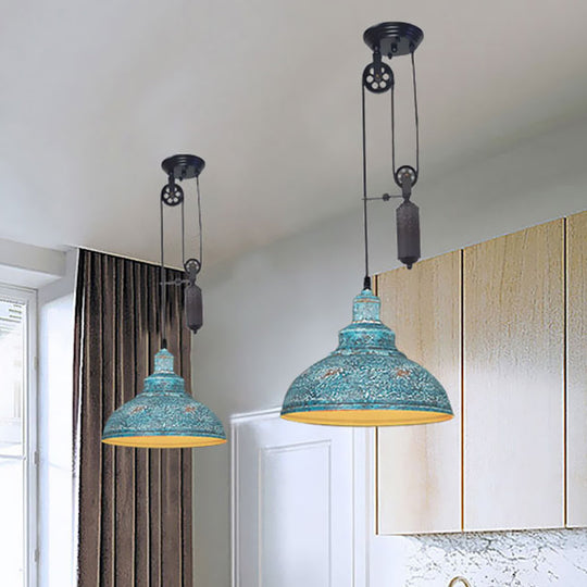 Rustic Industrial Dome Pendant Lamp With Pulley - 1 Light Brown/Grey Fixture For Living Room