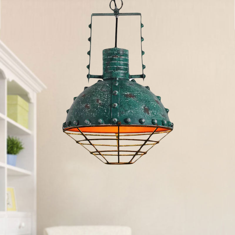Metal Ceiling Hanging Light: Rustic Wrought Iron Pendant Lamp with Wire Guard and Rivets in Black/Green