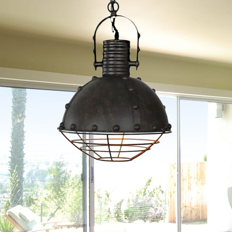 Metal Pendant Lamp With Domed Ceiling Hanging Design Wrought Iron Wire Guard Rivets - Black/Green