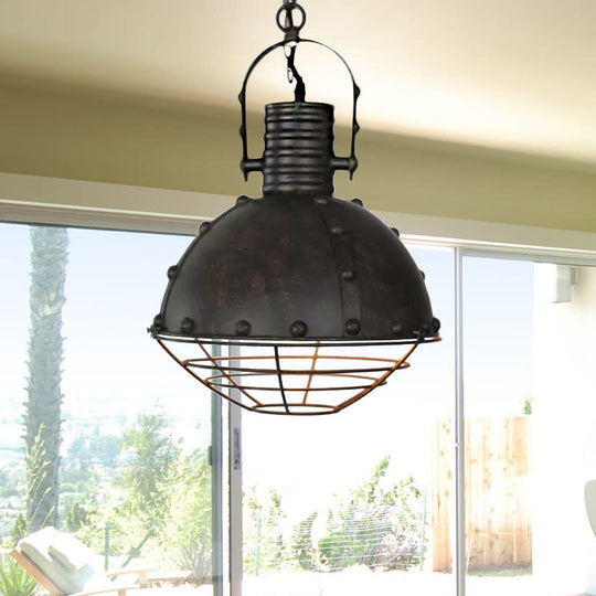 Metal Pendant Lamp With Domed Ceiling Hanging Design Wrought Iron Wire Guard Rivets - Black/Green