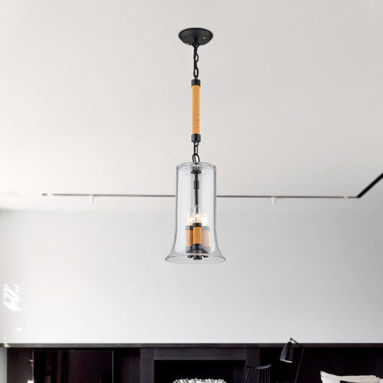 Black Round Glass Candle Chandeliers - 3-Light Industrial Lighting For Coffee Shop