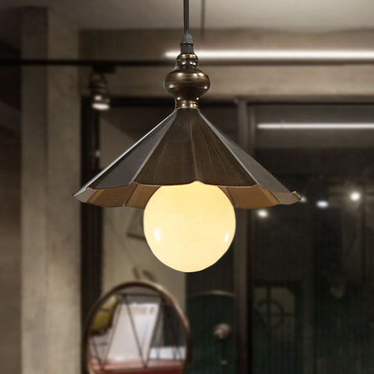 Industrial Scalloped Shade Pendant Ceiling Light, Brown/Rust Finish – Restaurant Hanging Lighting