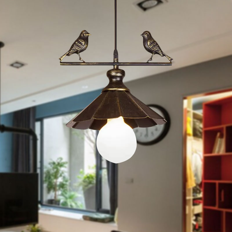 Industrial Scalloped Shade Pendant Ceiling Light, Brown/Rust Finish – Restaurant Hanging Lighting