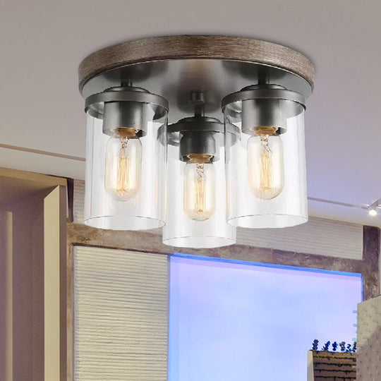 Clear Glass Cylinder Ceiling Light With Industrial Bronze Finish - 3 Bulbs For Living Room
