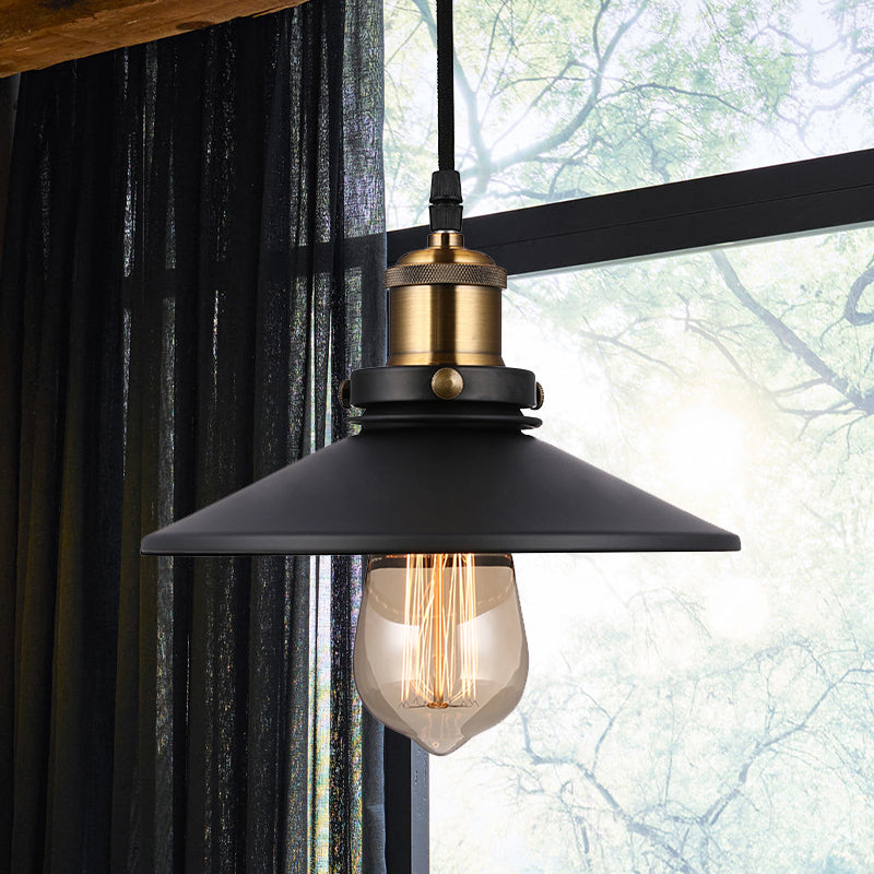 Vintage Style Black Conic Ceiling Light Fixture with Metallic Finish - 1 Bulb Living Room Pendant Light with Pulley