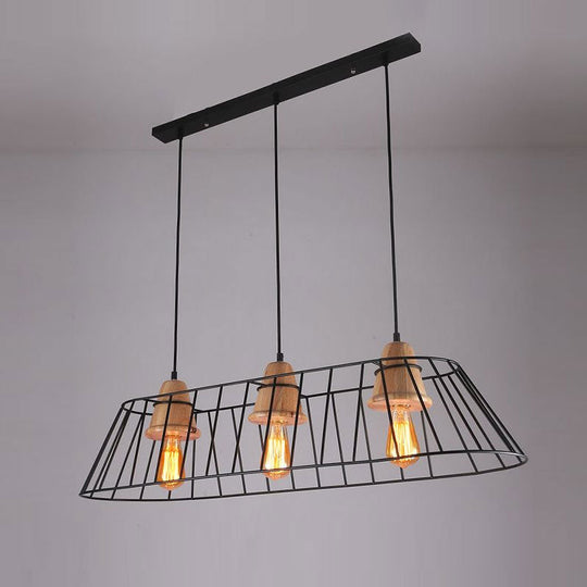 Industrial Black Linear Caged Island Pendant Light with Wooden Cap - 3 Lights
