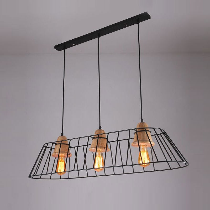 Industrial Black Metal Island Lighting - 3-Light Linear Caged Pendant For Dining Room With Wooden