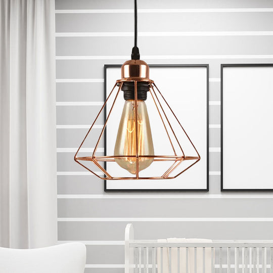 Rose Gold Geometric Cage Pendant Ceiling Light - Loft Industrial Bedroom Lighting