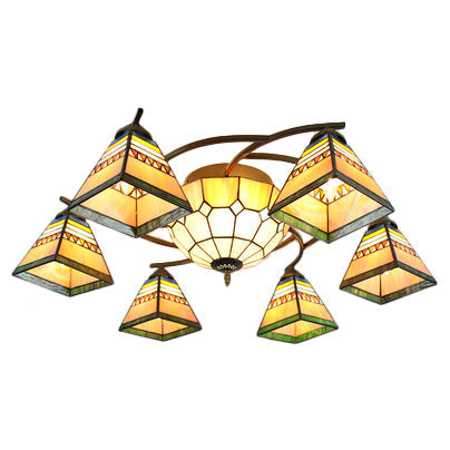 Beige Tiffany Style Stained Glass Chandelier – Pyramid Design Ceiling Fixture for Living Room