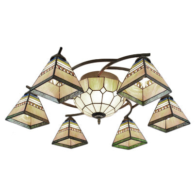 Beige Tiffany Style Stained Glass Chandelier Pyramid Design Ceiling Fixture For Living Room