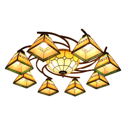 Beige Tiffany Style Stained Glass Chandelier Pyramid Design Ceiling Fixture For Living Room 9 /