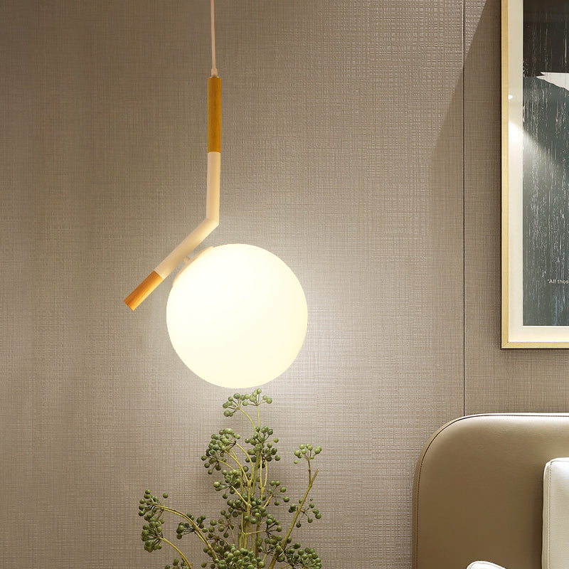 Modern White Glass Globe Pendant Light With Wood Hanging Kit Angled Rod (11.5/14.5 Wide) / 11.5