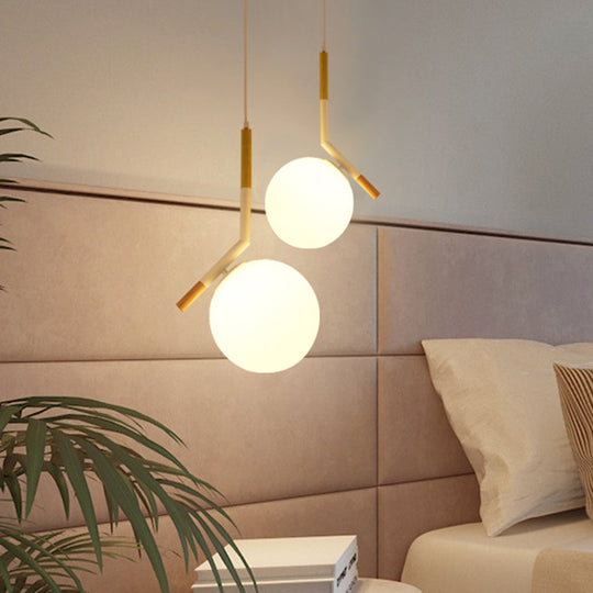 Modern White Glass Globe Pendant Light With Wood Hanging Kit Angled Rod (11.5/14.5 Wide)
