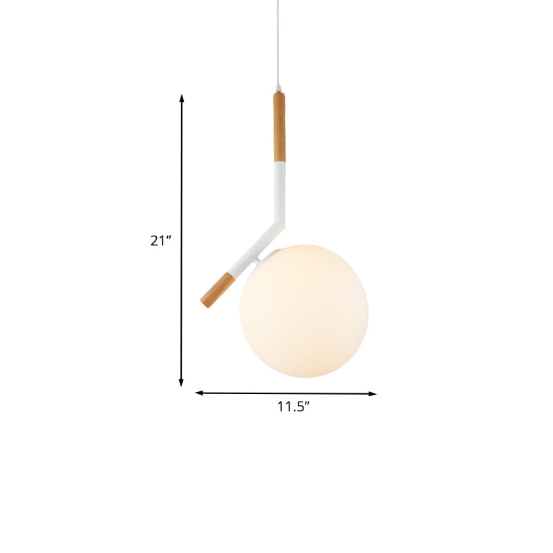 Modern White Glass Globe Pendant Light with Wood Hanging Lamp Kit, 1-Head, Angled Rod - 11.5"/14.5" Wide
