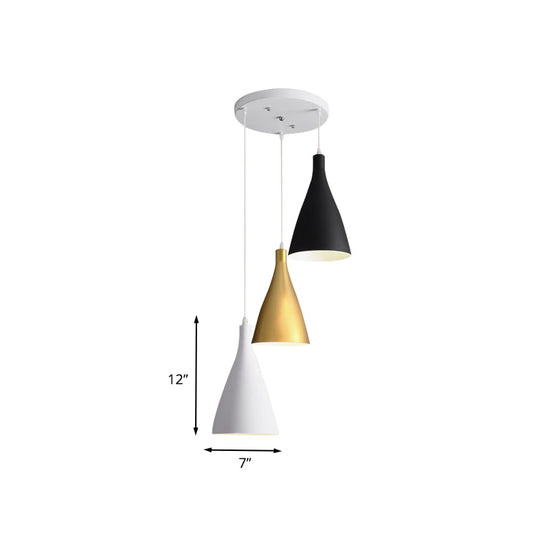 Modernist 3-Light Pendant: White-Black-Gold Conical Ceiling Lamp with Metal Shade, Round/Linear Canopy