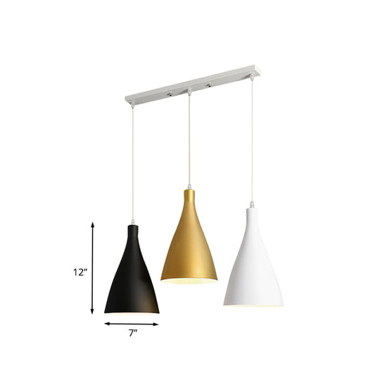 Modernist 3-Light Pendant: White-Black-Gold Conical Ceiling Lamp with Metal Shade, Round/Linear Canopy
