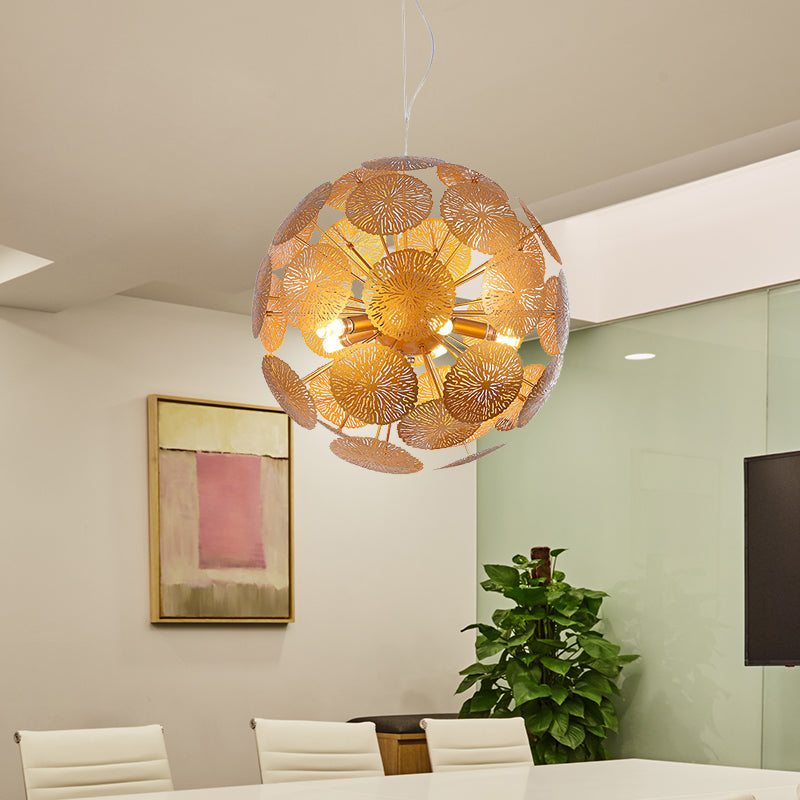 Postmodern Gold Lotus Leaf Chandelier With 5 Globe Pendant Lights