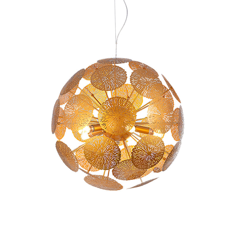 Postmodern Gold Lotus Leaf Chandelier With 5 Globe Pendant Lights