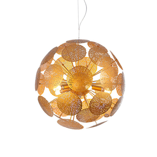 Postmodern Gold Lotus Leaf Chandelier With 5 Globe Pendant Lights