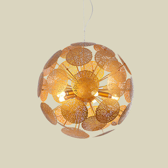 Postmodern Gold Lotus Leaf Chandelier Pendant Light with Globe Design - 5-Head Metal Fixture