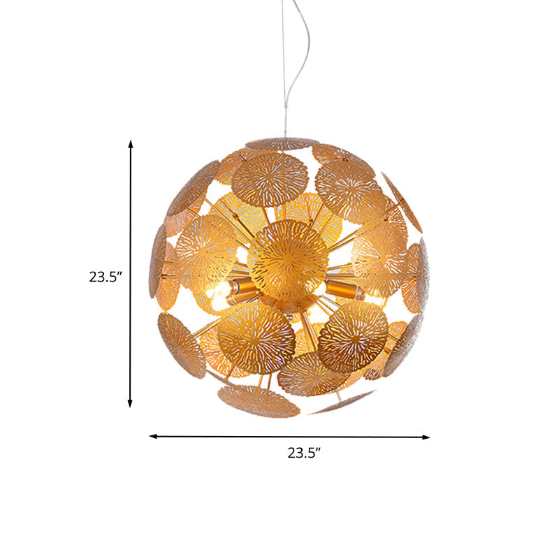 Postmodern Gold Lotus Leaf Chandelier Pendant Light with Globe Design - 5-Head Metal Fixture