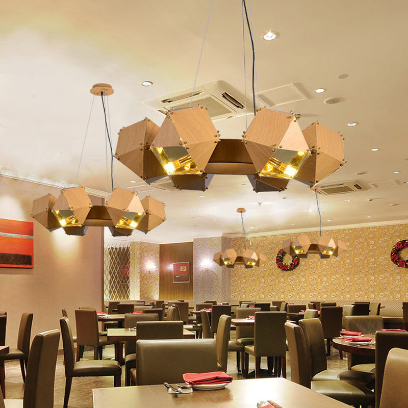 Modernist 6-Head Polyhedron Chandelier: Metallic Pendant Lamp, Dark Wood Finish