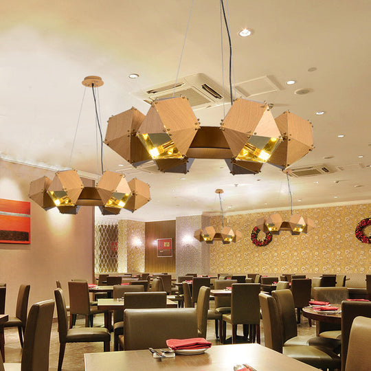 Modernist Dark Wood Polyhedron Chandelier With 6 Metallic Heads - Ceiling Pendant Lamp For