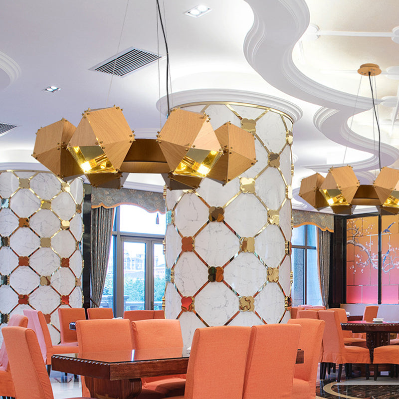 Modernist 6-Head Polyhedron Chandelier: Metallic Pendant Lamp, Dark Wood Finish