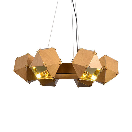 Modernist 6-Head Polyhedron Chandelier: Metallic Pendant Lamp, Dark Wood Finish