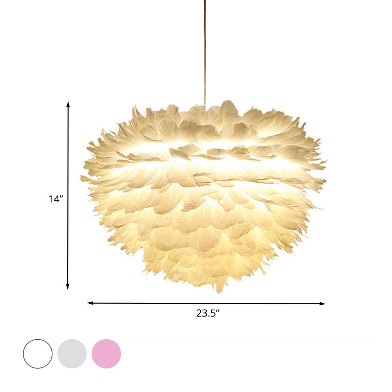 Lustre suspendu en plumes en blanc/gris/rose pour un éclairage de chambre moderne - Tissu, plafonnier à 4 lumières