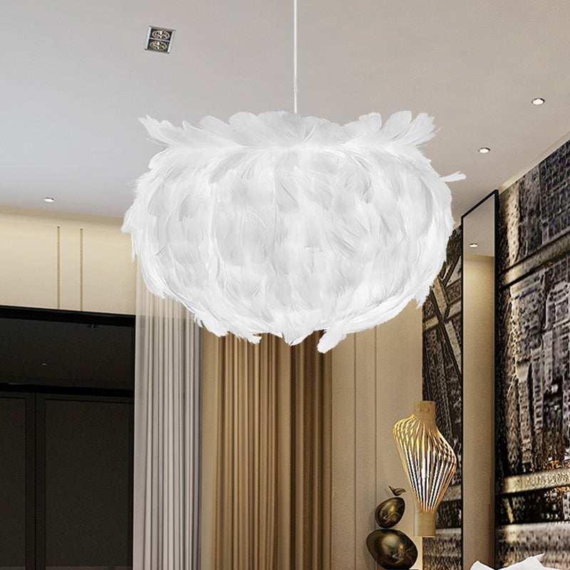 Contemporary White Feather Globe Pendant Light - Elegant Fabric Lamp With Suspension
