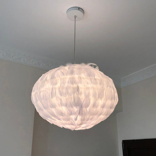 Modern Feather Ball Hanging Pendant Light with 1 Bulb for Bedroom, Ceiling Suspension in Elegant White Fabric