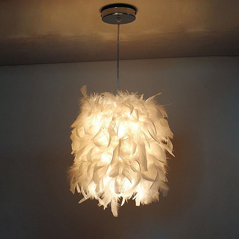 Contemporary Fabric Feather Hanging Light Kit - White Pendant Ceiling Lamp For Dining Table