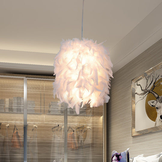 Contemporary Fabric Feather Hanging Light Kit - White Pendant Ceiling Lamp For Dining Table