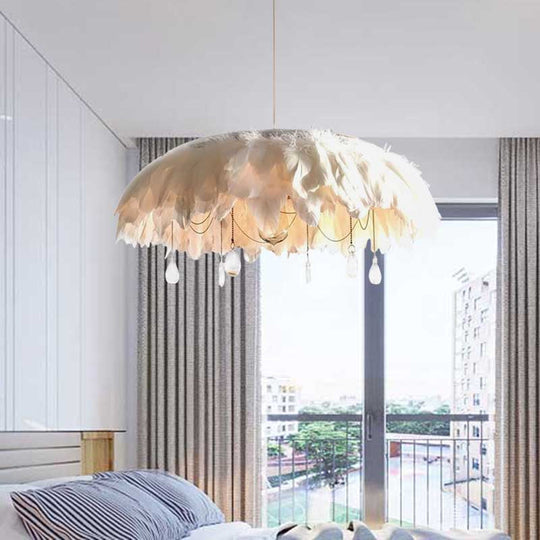 Feather Hanging Lamp: Modern 1-Head Fabric Pendant With Crystal Drop For Living Room (White)
