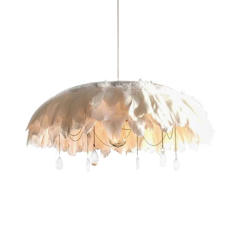 Modern Feather Hanging Lamp: White Fabric Pendant with Crystal Drop