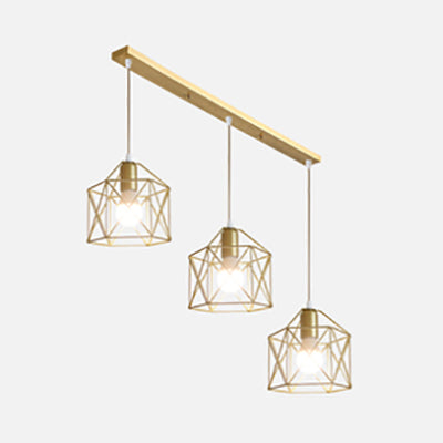 Retro Stylish Polished Gold Ceiling Fixture With 3 Bulbs Squared/Hexagon/Star Design Elegant Dining