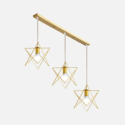 Retro Stylish Polished Gold Ceiling Fixture With 3 Bulbs Squared/Hexagon/Star Design Elegant Dining