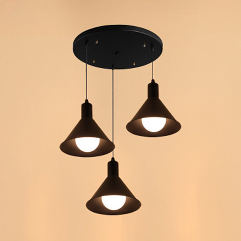 Industrial Metallic Funnel Ceiling Pendant - Black Finish 3 Lights Linear/Round Canopy Ideal For