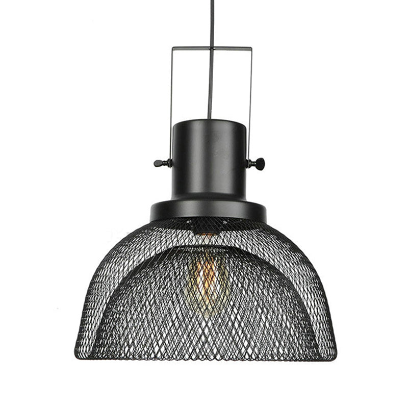 Industrial Mesh Cage Pendant Light - Black Metal Single Lamp for Living Room Hanging, with Shade