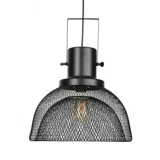 Industrial Mesh Cage Pendant Light - Black Metal Single Lamp for Living Room Hanging, with Shade