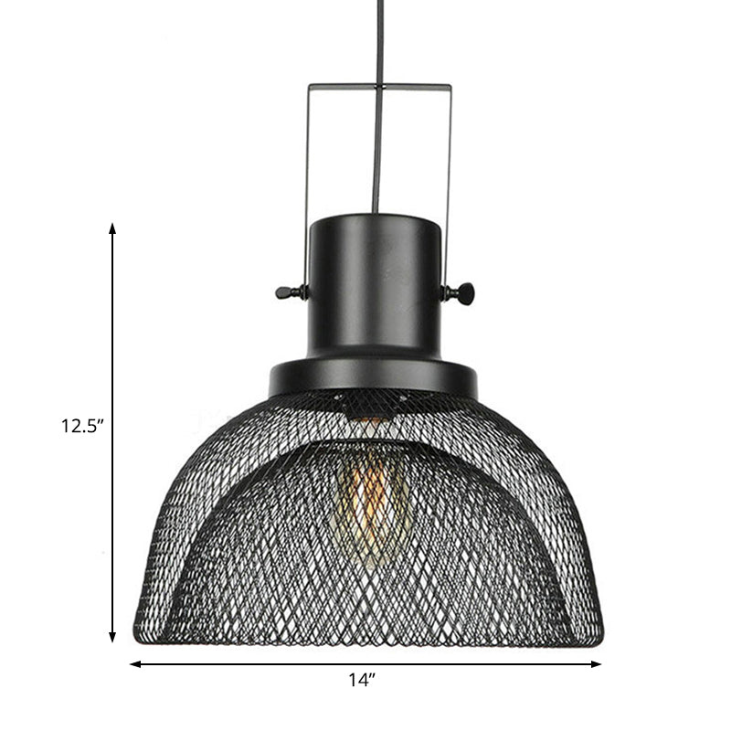 Industrial Mesh Cage Pendant Light - Black Metal Single Lamp for Living Room Hanging, with Shade